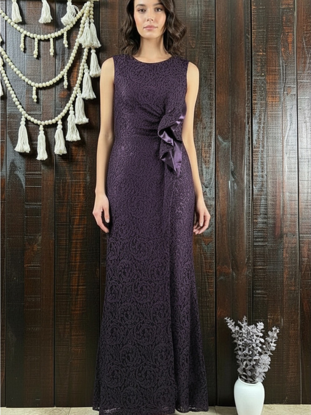 Tahari Elegant Purple Lace Gown with Satin Side Cinch Size 4